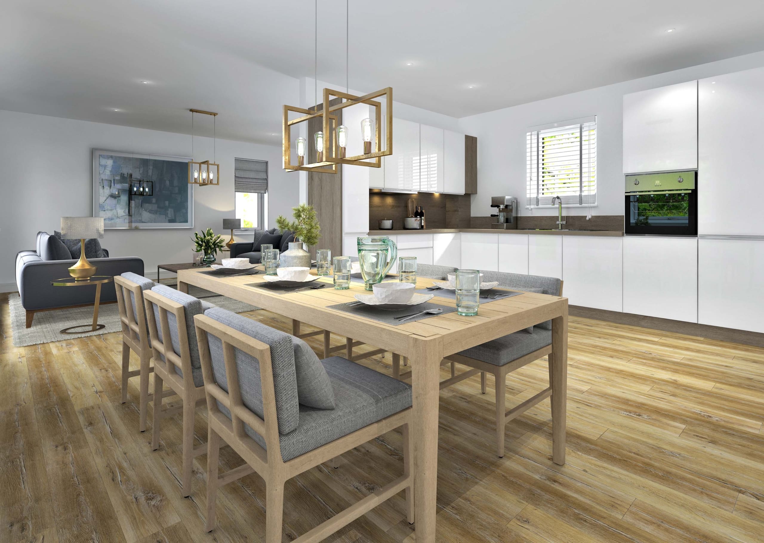 CGI of kitchen/dining/livingroom in a new build house in Peebles, Scottish Borders. Pale wood table and chairs with light grey cushions with table settings. White kitchen units with integrated oven. Livingroom has blue/grey sofas and cushions.