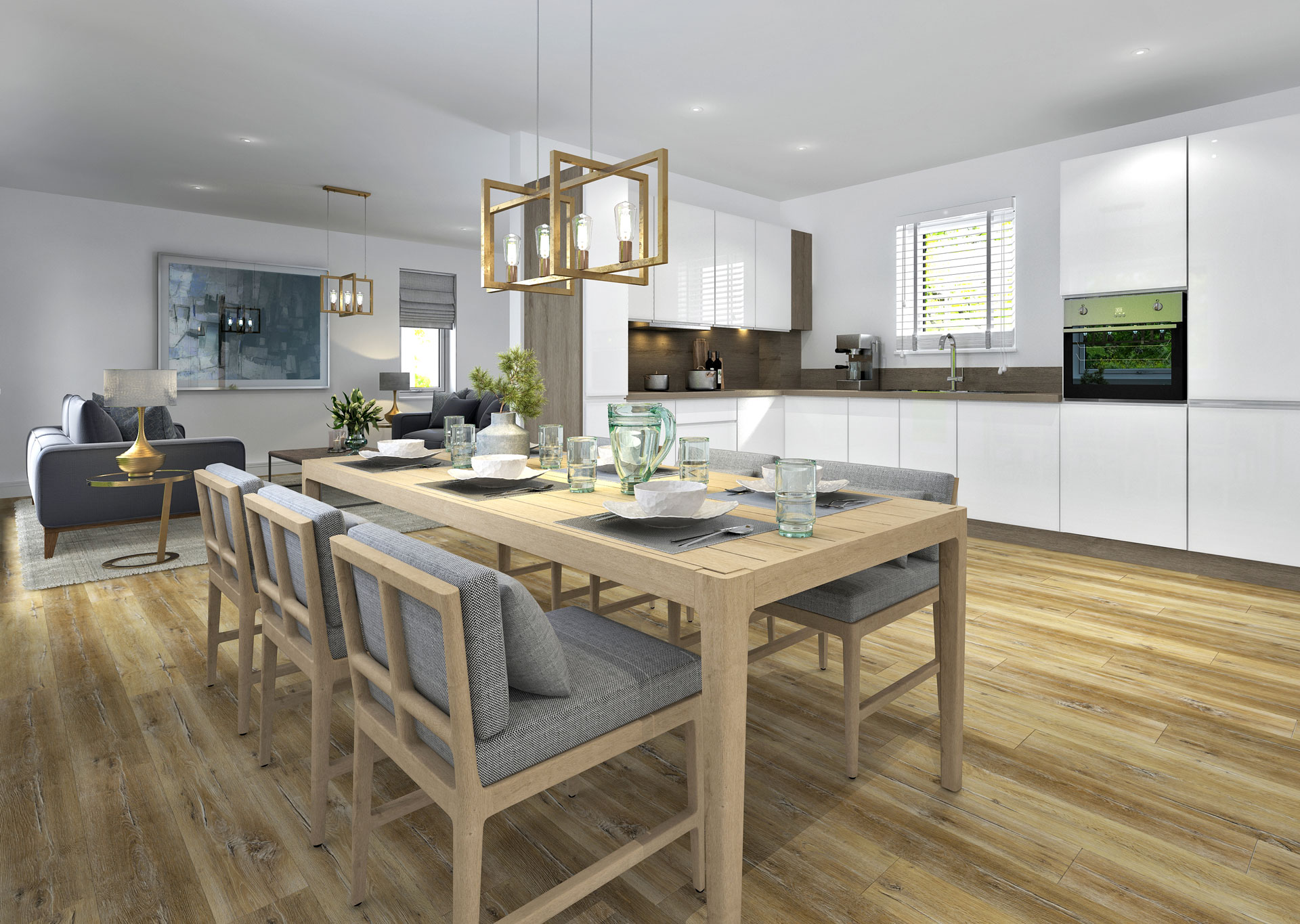 CGI of kitchen/dining/livingroom in a new build house in Kirkcaldy, Fife. Pale wood table and chairs with light grey cushions with table settings. White kitchen units with integrated oven. Livingroom has blue/grey sofas and cushions.