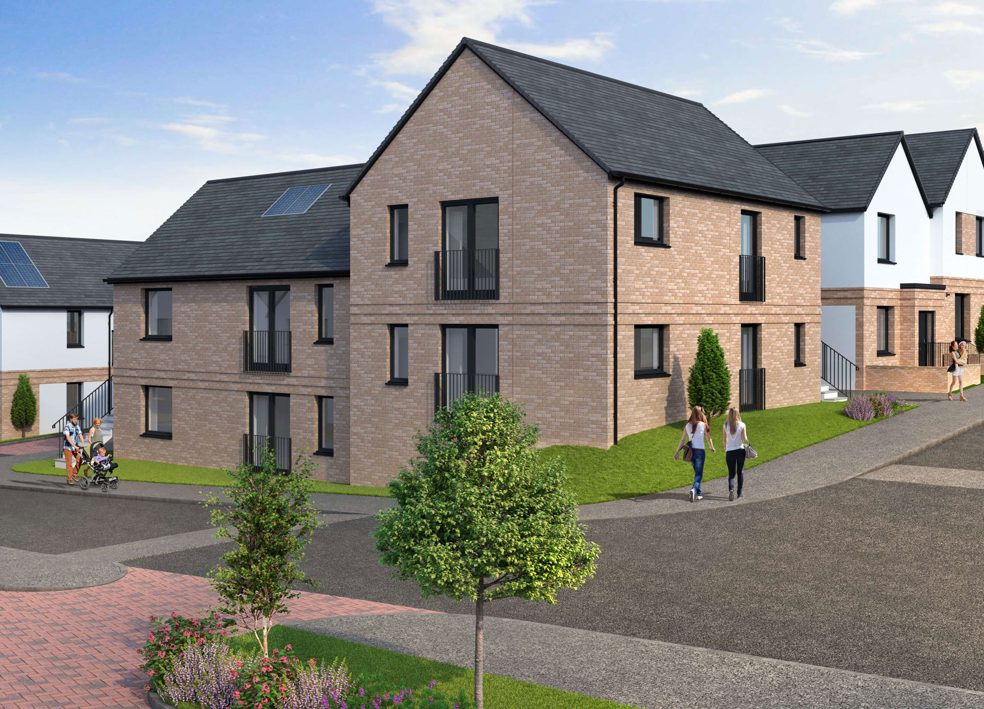 CGI of the exterior of a block of 4 Gill style, 2 bedroom flats in Fife