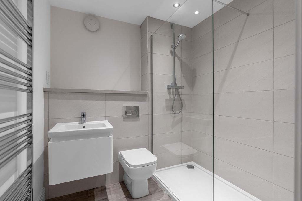 New homes for sale, Borders. Shower rom with white sanitary ware and chrome fittings.