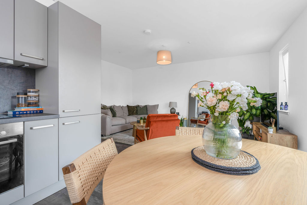 Open plan dining/kitchen/living space in a new build home in Fife