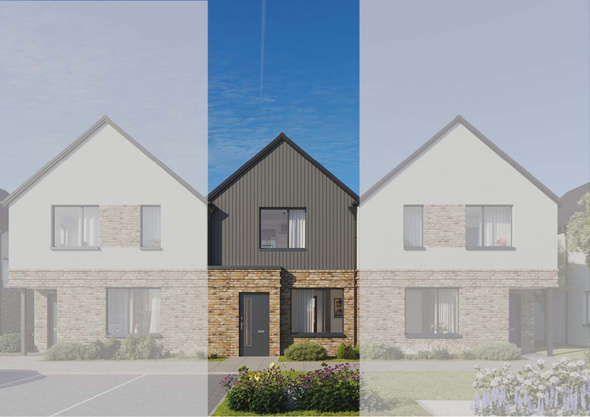 CGI of two story mid-terraced house for sale in Peebles. Lawn to front of the home with blue skies