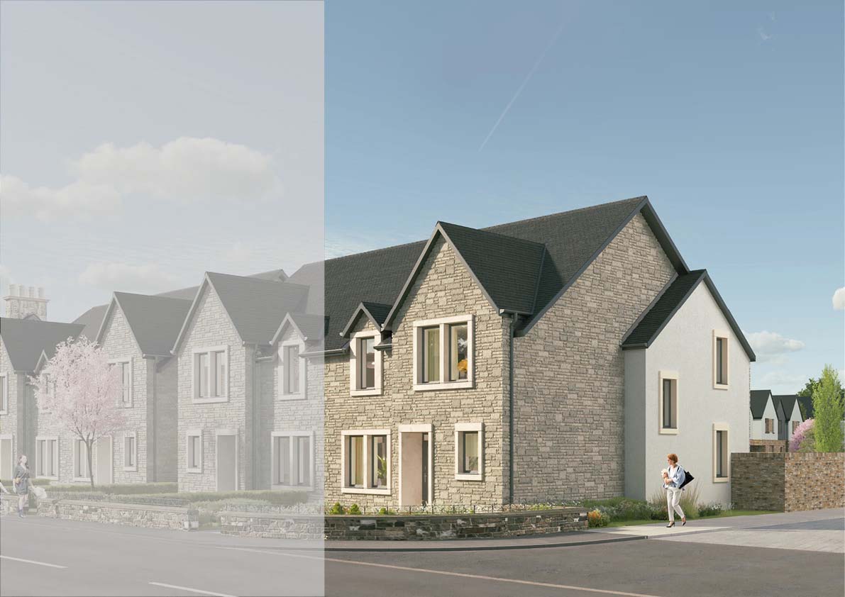 CGI of semi-detached two story home with a brick facade. New home for sale Peebles, the Borders. Lady walking by the side of the house, looking at the green landscaping surrounding the house