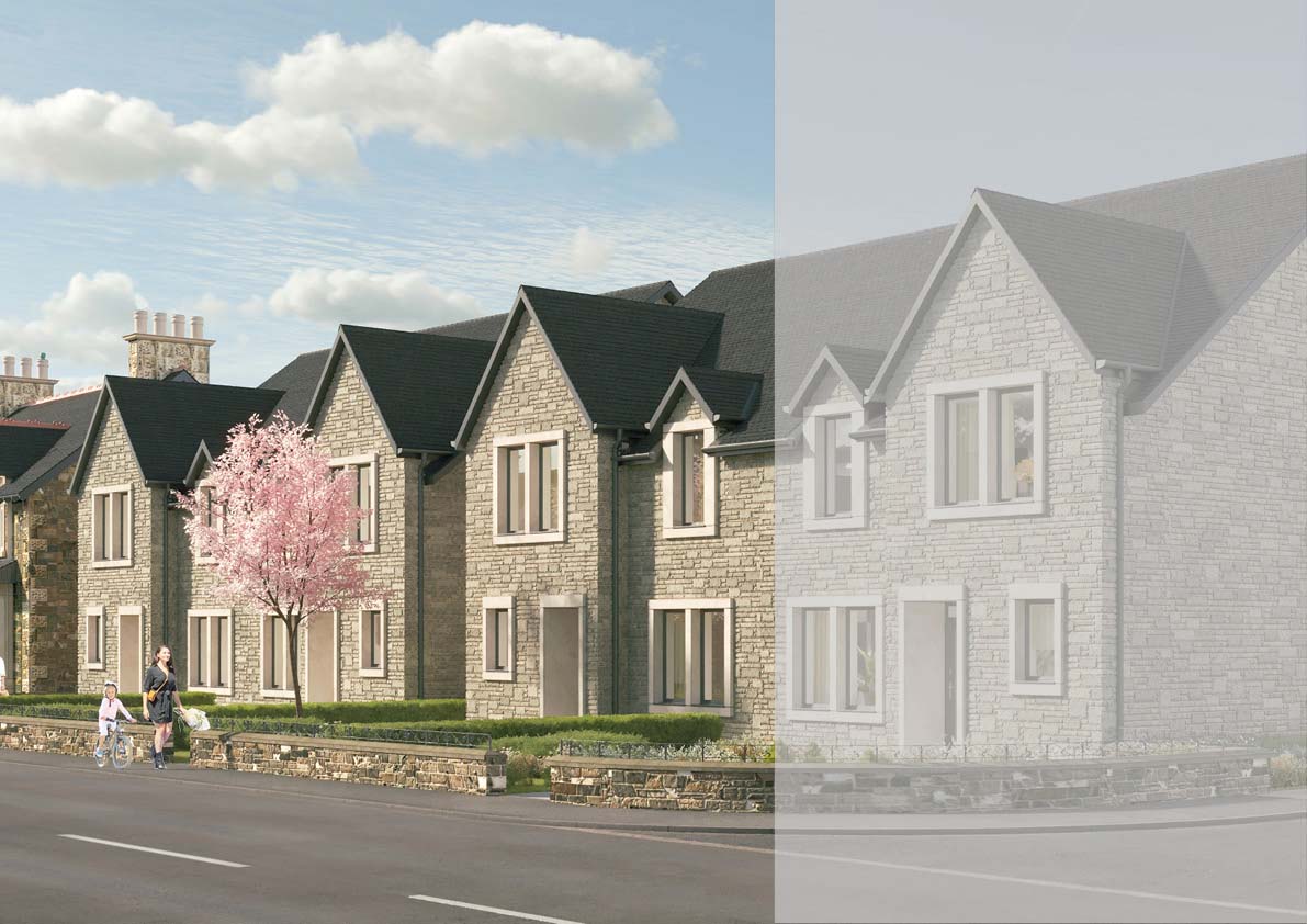 CGI of new Build Home, March Street, Peebles. Exterior of new build home with grey facade and blue skies