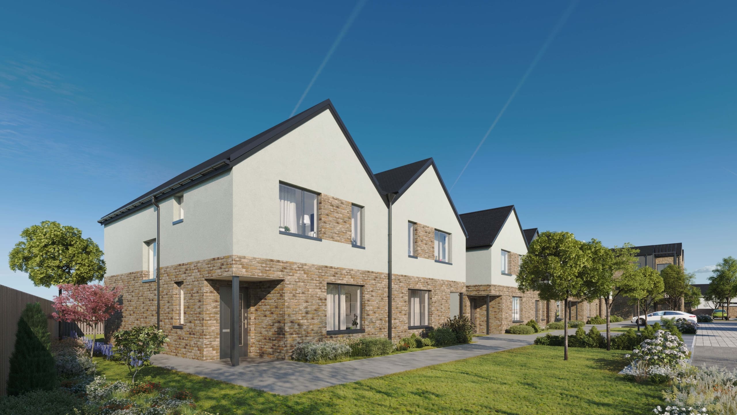 CGI of a new build home for sale in Peebles, Scottish Borders. Brick facade to ground floor and render to first floor. Grass and trees in the landscaping with blue skies