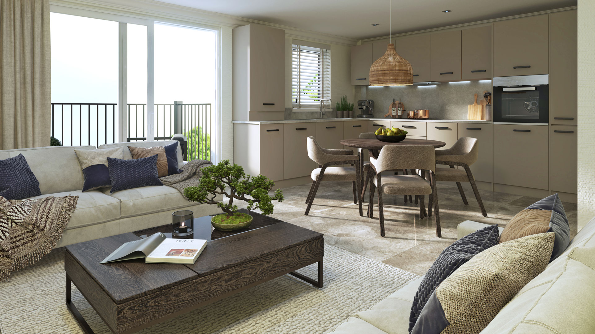 CGI of the interior of a living/dining/kitchen new home in Kirkcaldy. Neutral furnishings with throw cushions and a modern kitchen with double patio doors onto a balcony