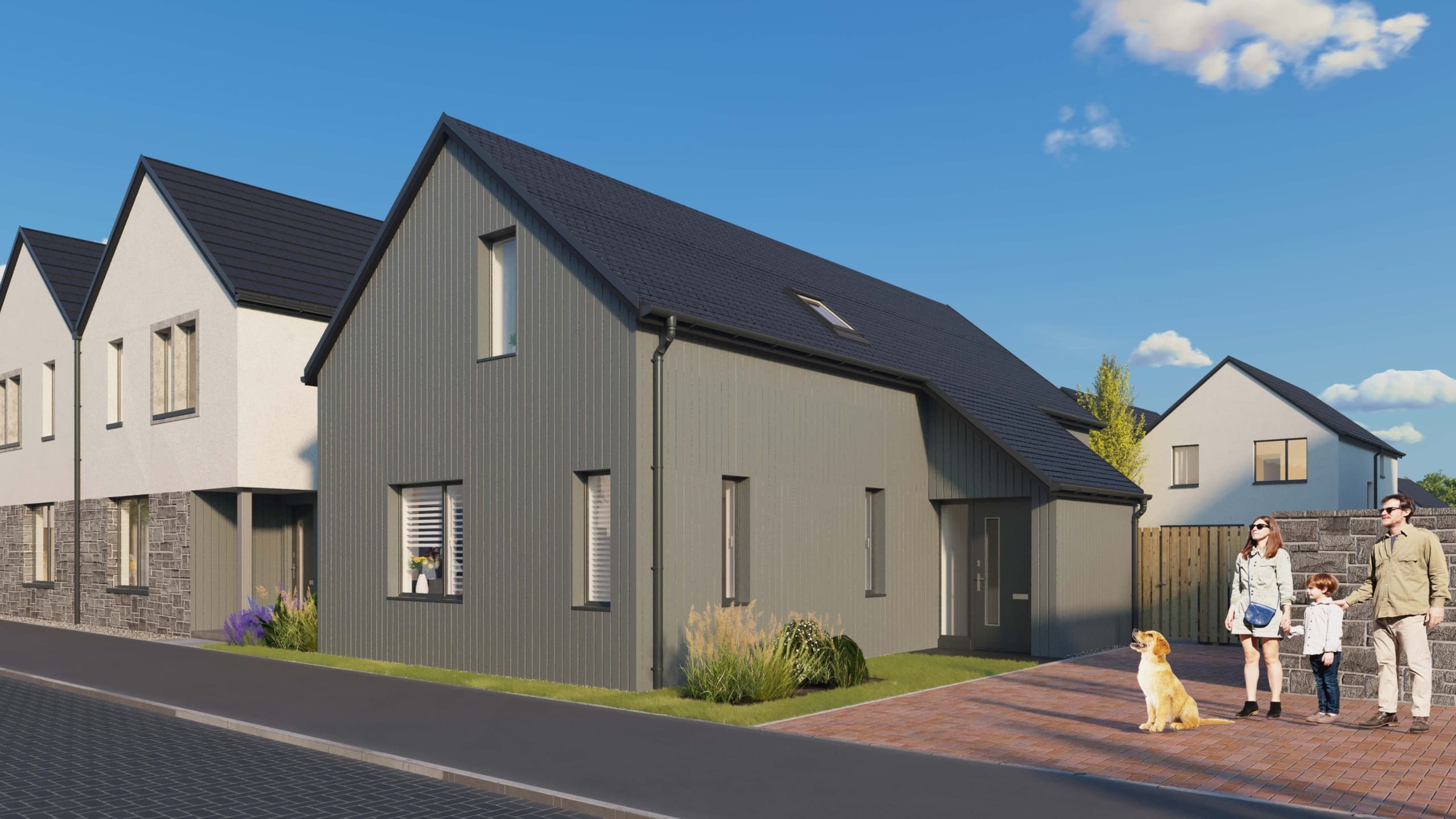 CGI exterior of a new build home in the Borders with panelling to facade. Two story home. Private driveway with family and dog in foreground